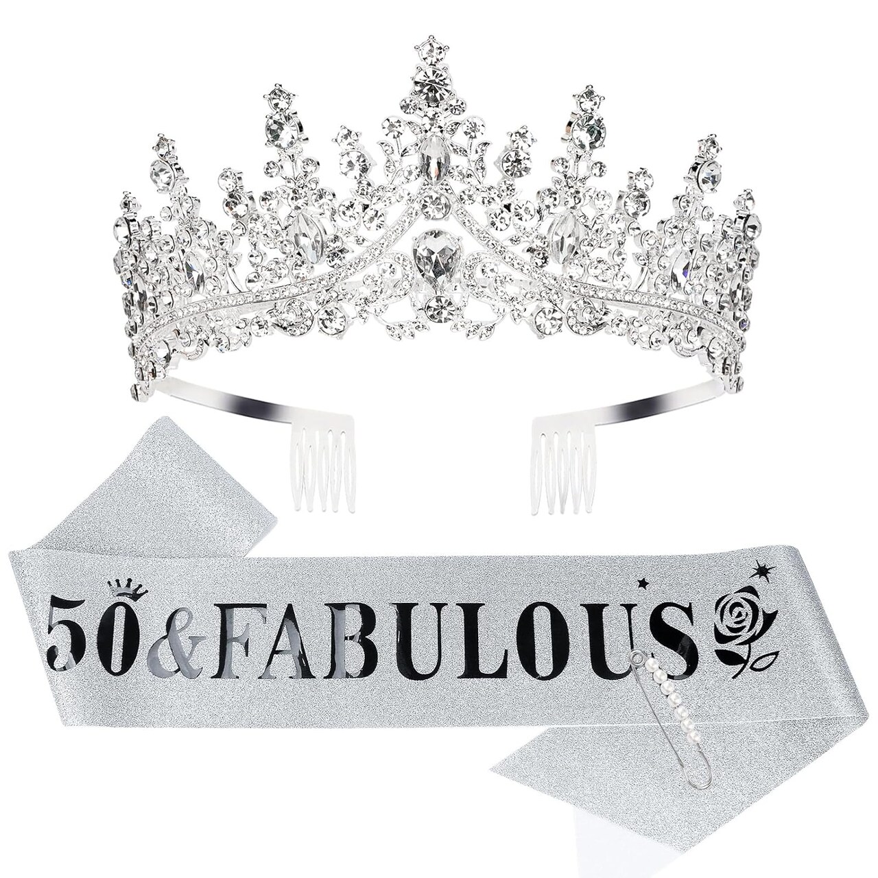 50th Birthday Sash and Tiara for Women – Silver 50 and Fabulous Sash with Crown, Birthday Decorations and Party Supplies, Gift Set for Her Celebration